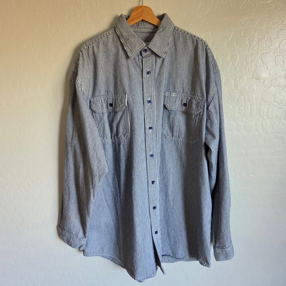 KEY Railroad Striped Heavyweight Cotton Button Up Shirt XLT Long Sleeve Workwear
